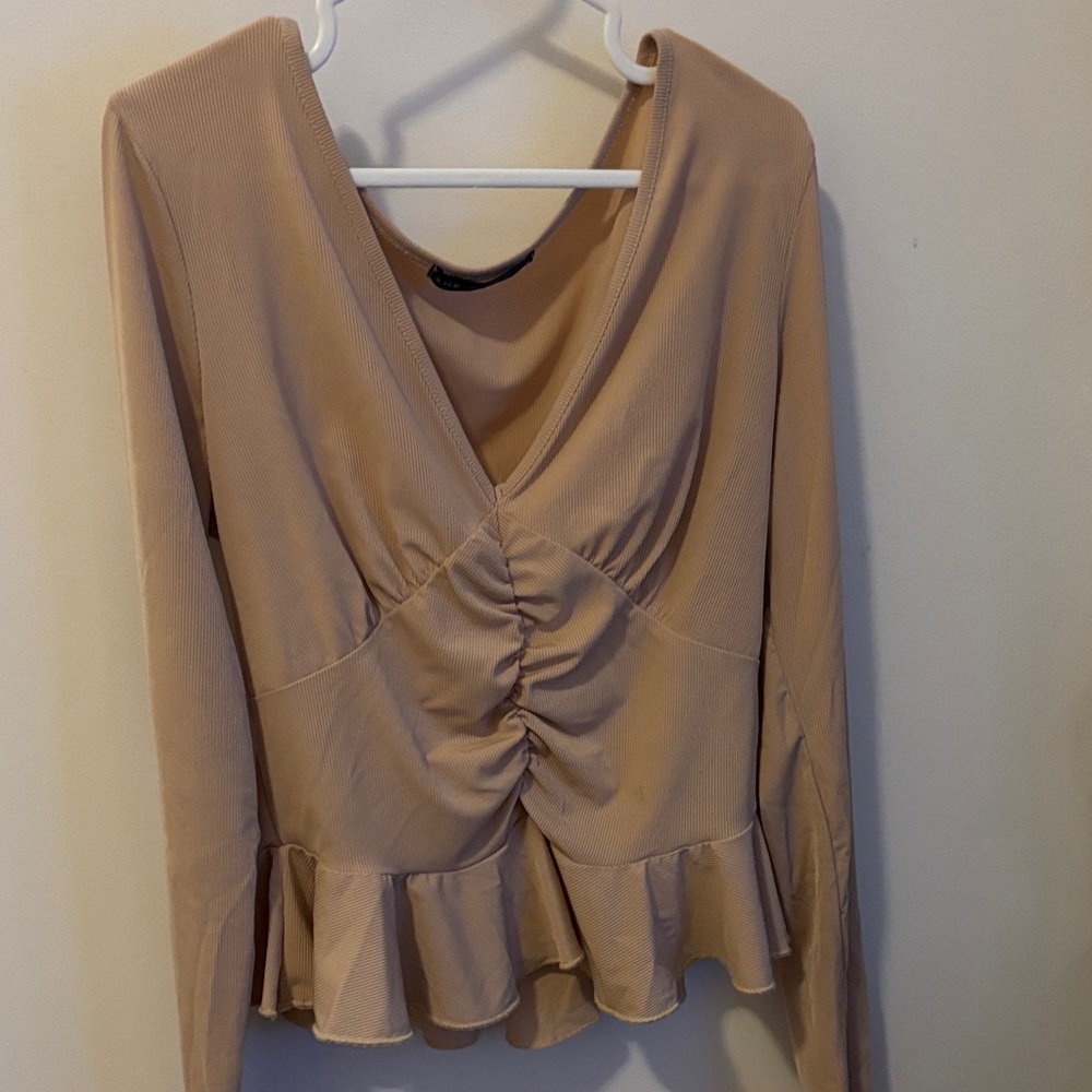 SHEIN Tan Ruched Peplum Blouse